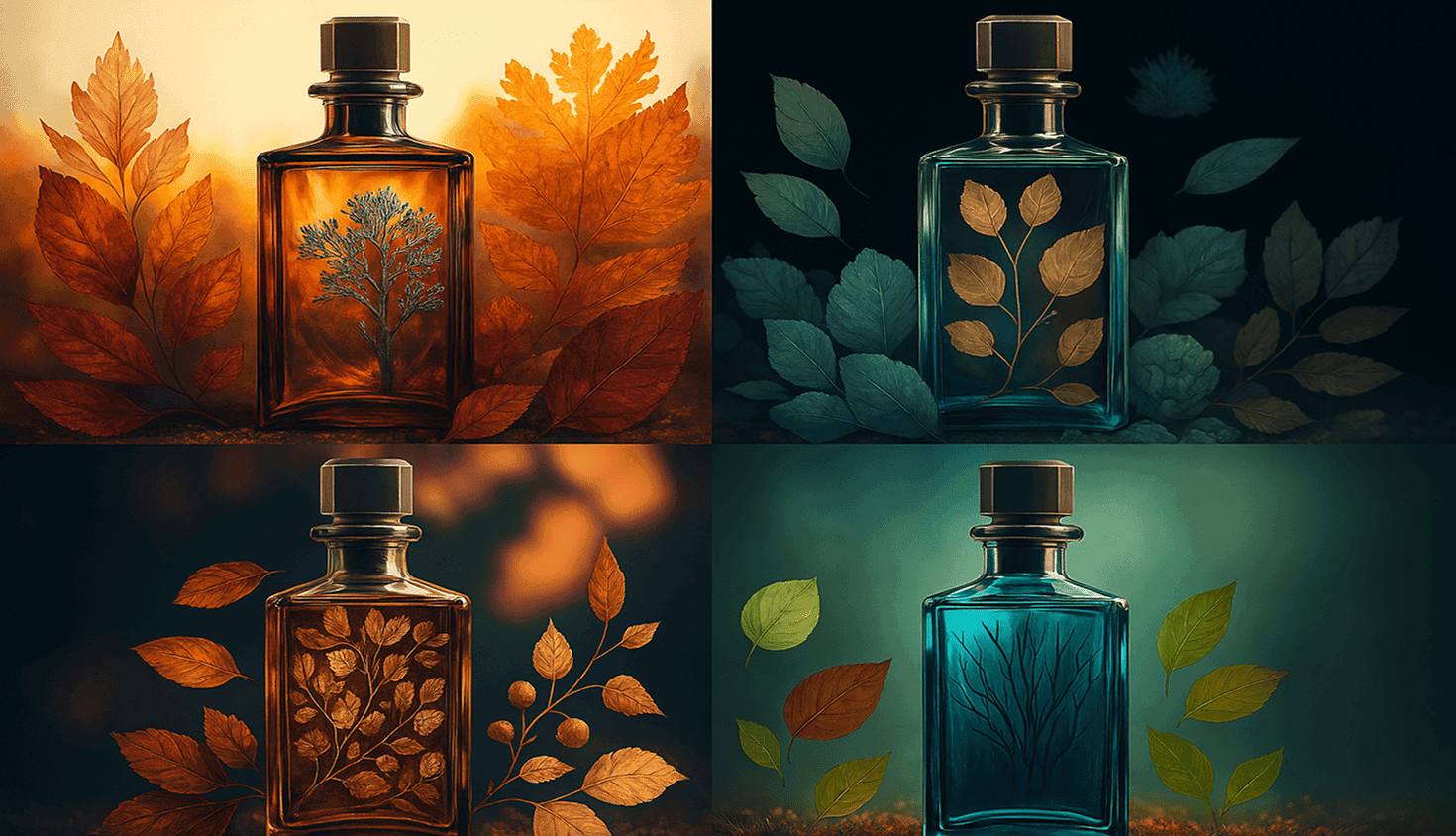 Four perfume bottles representing each season, arranged on a marble surface